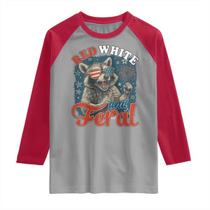 Red White and Feral Raccoon Raglan Shirt Funny Patriotic Fireworks Wild 4th of July Vibes TS02 Sport Gray Red Print Your Wear