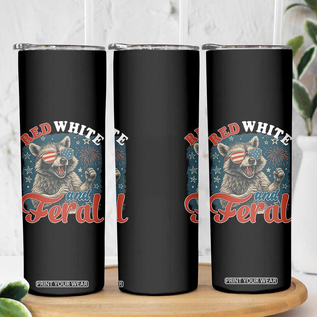 Red White and Feral Raccoon Skinny Tumbler Funny Patriotic Fireworks Wild 4th of July Vibes TS02 Print Your Wear