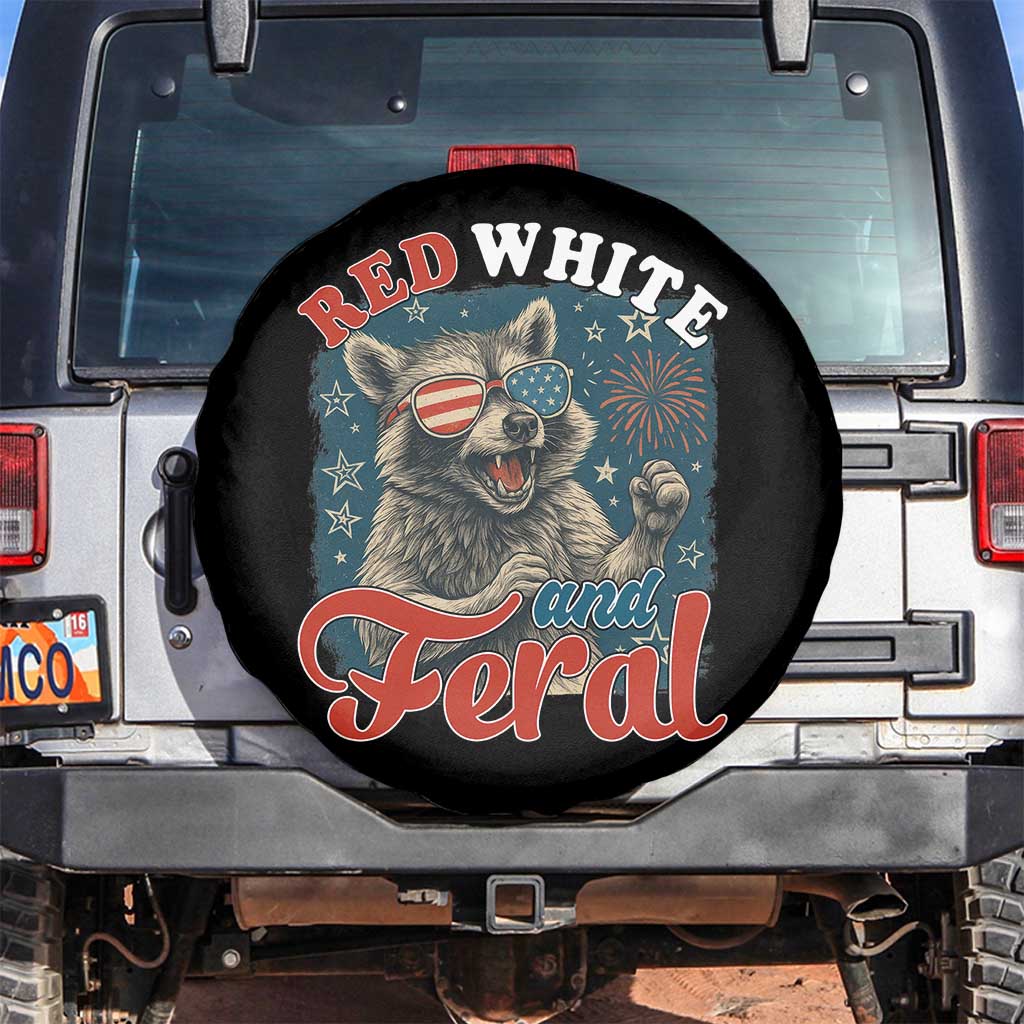 Red White and Feral Raccoon Spare Tire Cover Funny Patriotic Fireworks Wild 4th of July Vibes TS02 No hole Black Print Your Wear