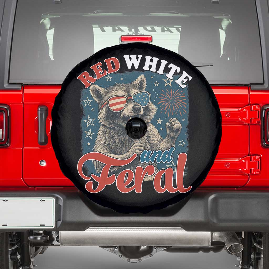Red White and Feral Raccoon Spare Tire Cover Funny Patriotic Fireworks Wild 4th of July Vibes TS02 Black Print Your Wear