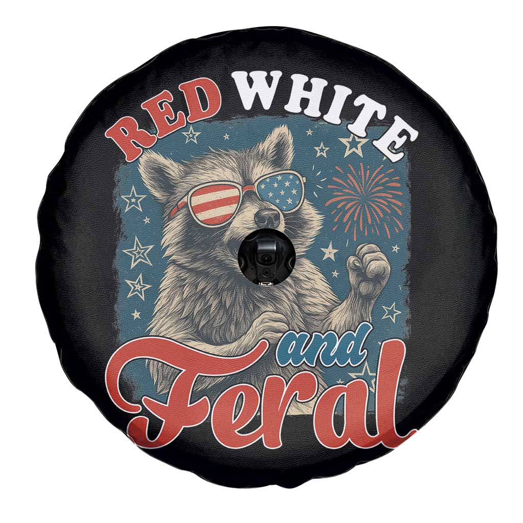 Red White and Feral Raccoon Spare Tire Cover Funny Patriotic Fireworks Wild 4th of July Vibes TS02 Print Your Wear