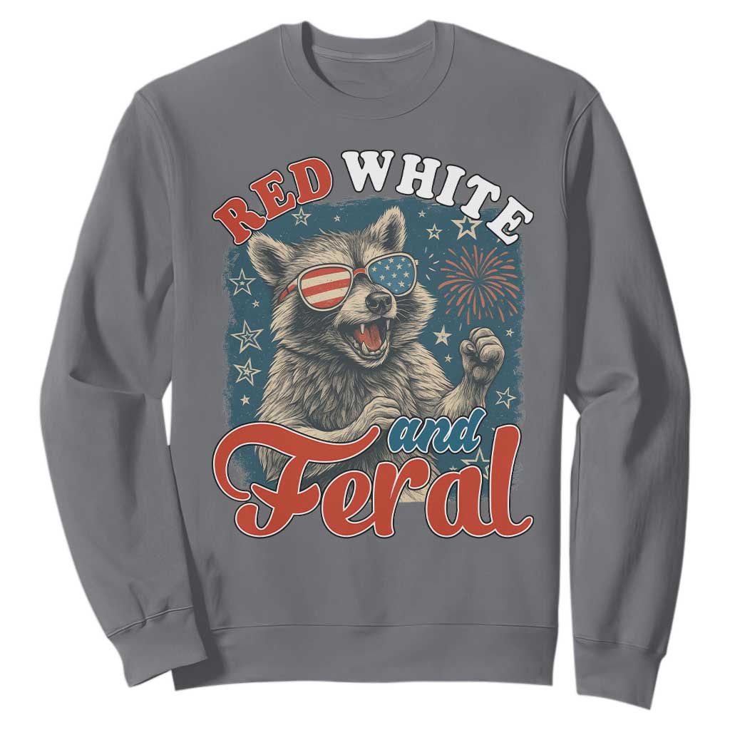 Red White and Feral Raccoon Sweatshirt Funny Patriotic Fireworks Wild 4th of July Vibes TS02 Charcoal Print Your Wear