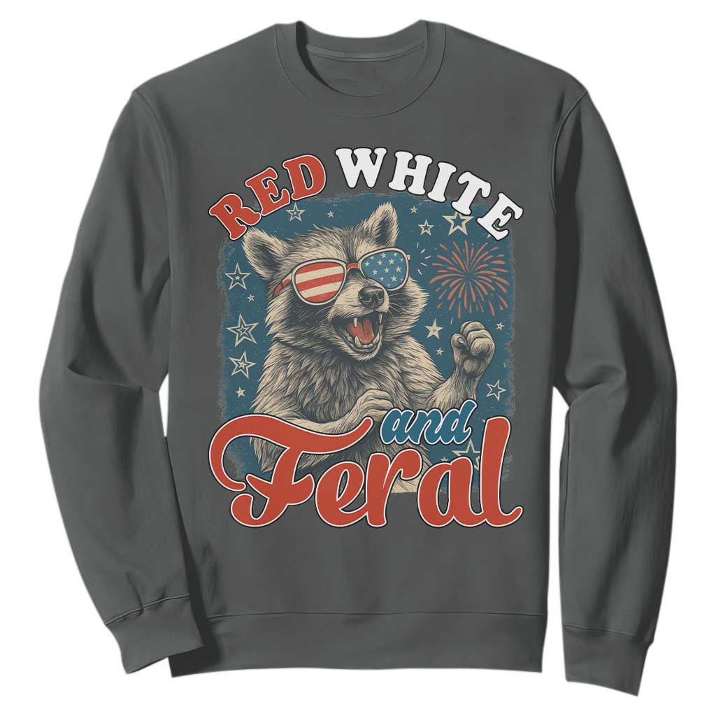 Red White and Feral Raccoon Sweatshirt Funny Patriotic Fireworks Wild 4th of July Vibes TS02 Dark Heather Print Your Wear