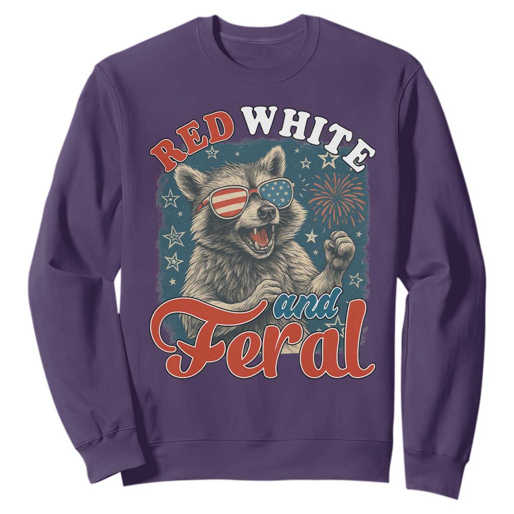 Red White and Feral Raccoon Sweatshirt Funny Patriotic Fireworks Wild 4th of July Vibes TS02 Purple Print Your Wear