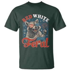 Red White and Feral Raccoon T Shirt Funny Patriotic Fireworks Wild 4th of July Vibes TS02 Dark Forest Green Print Your Wear