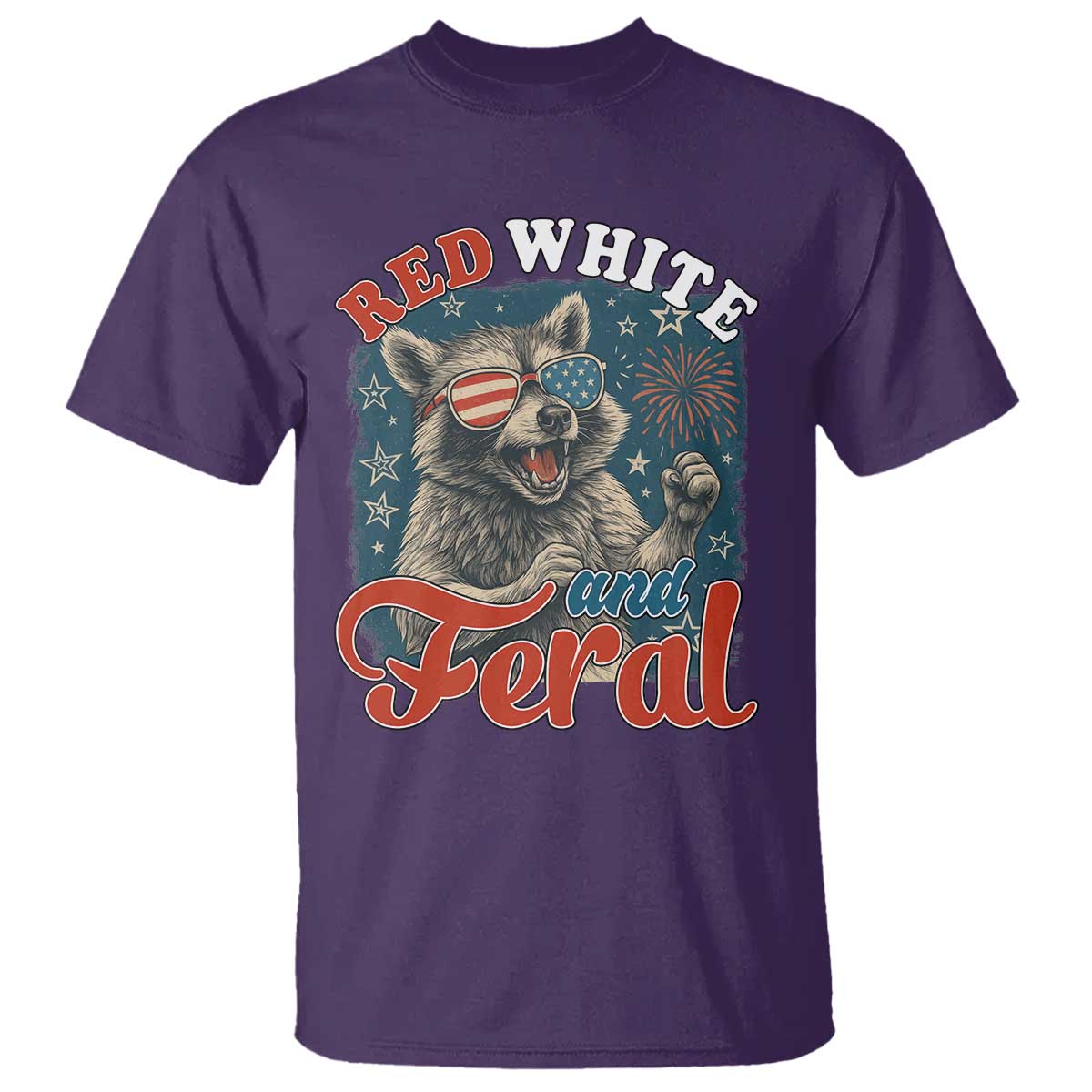 Red White and Feral Raccoon T Shirt Funny Patriotic Fireworks Wild 4th of July Vibes TS02 Purple Print Your Wear