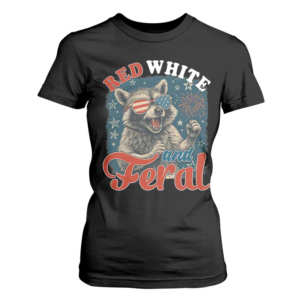 Red White and Feral Raccoon T Shirt For Women Funny Patriotic Fireworks Wild 4th of July Vibes TS02 Black Print Your Wear