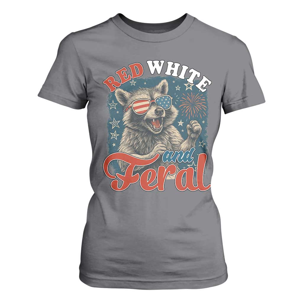 Red White and Feral Raccoon T Shirt For Women Funny Patriotic Fireworks Wild 4th of July Vibes TS02 Charcoal Print Your Wear