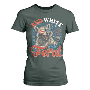 Red White and Feral Raccoon T Shirt For Women Funny Patriotic Fireworks Wild 4th of July Vibes TS02 Dark Forest Green Print Your Wear