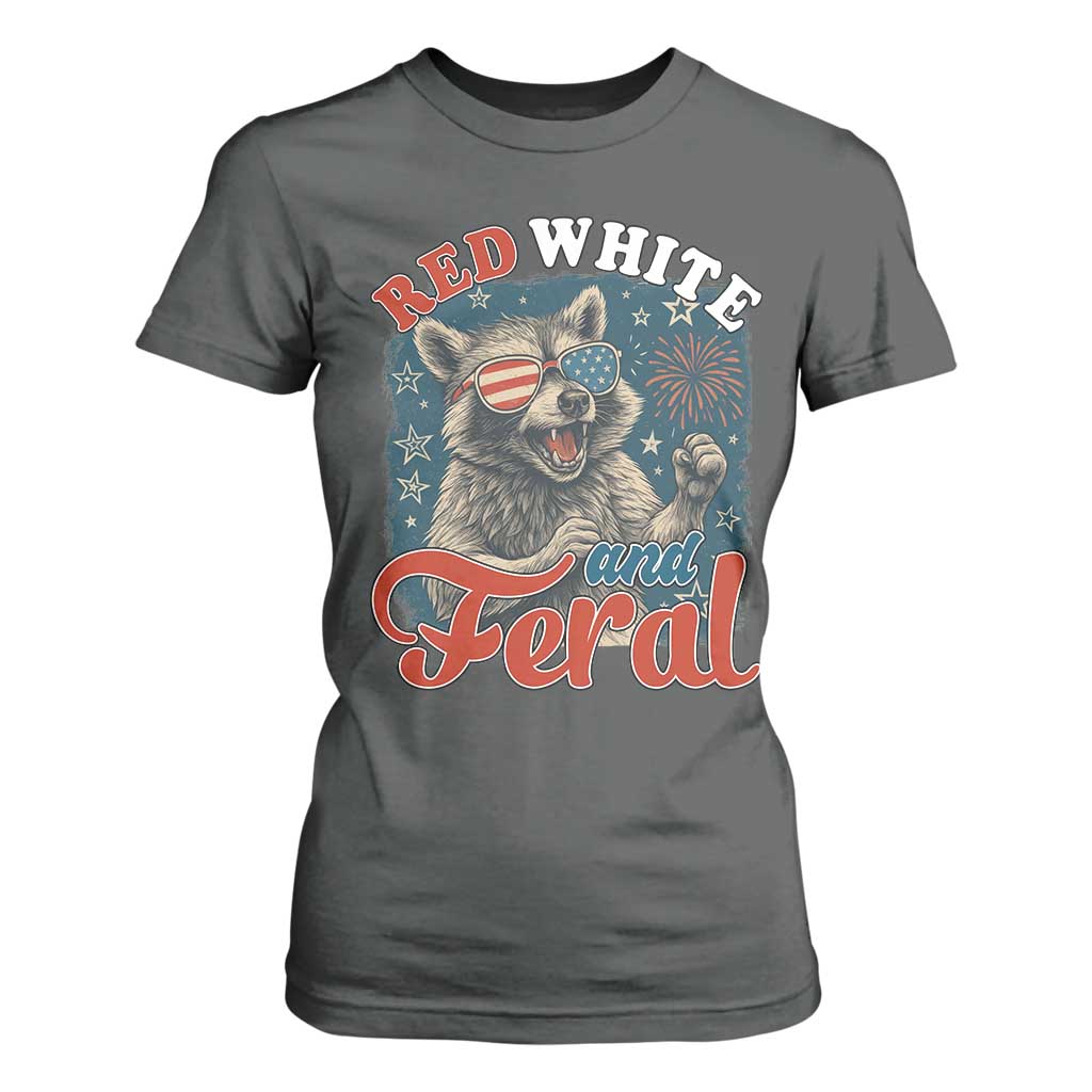 Red White and Feral Raccoon T Shirt For Women Funny Patriotic Fireworks Wild 4th of July Vibes TS02 Dark Heather Print Your Wear