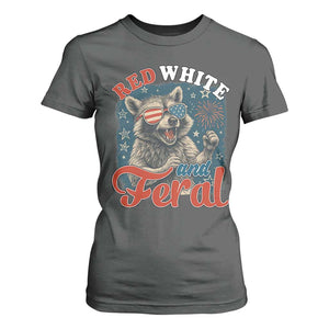 Red White and Feral Raccoon T Shirt For Women Funny Patriotic Fireworks Wild 4th of July Vibes TS02 Dark Heather Print Your Wear