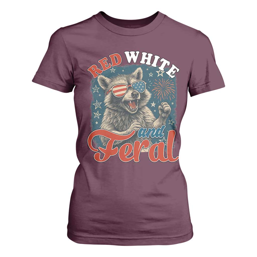 Red White and Feral Raccoon T Shirt For Women Funny Patriotic Fireworks Wild 4th of July Vibes TS02 Maroon Print Your Wear