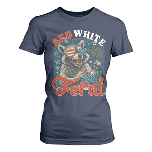 Red White and Feral Raccoon T Shirt For Women Funny Patriotic Fireworks Wild 4th of July Vibes TS02 Navy Print Your Wear