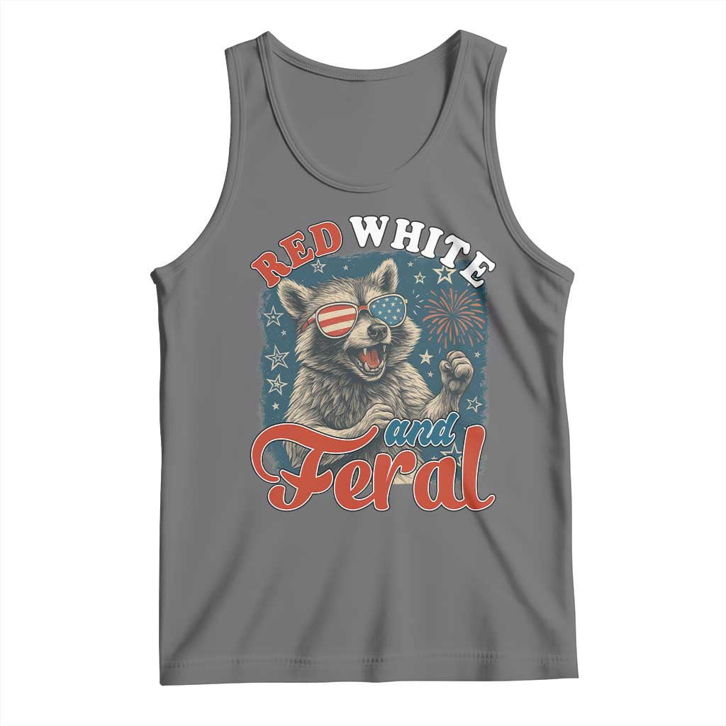 Red White and Feral Raccoon Tank Top Funny Patriotic Fireworks Wild 4th of July Vibes TS02 Black Heather Print Your Wear