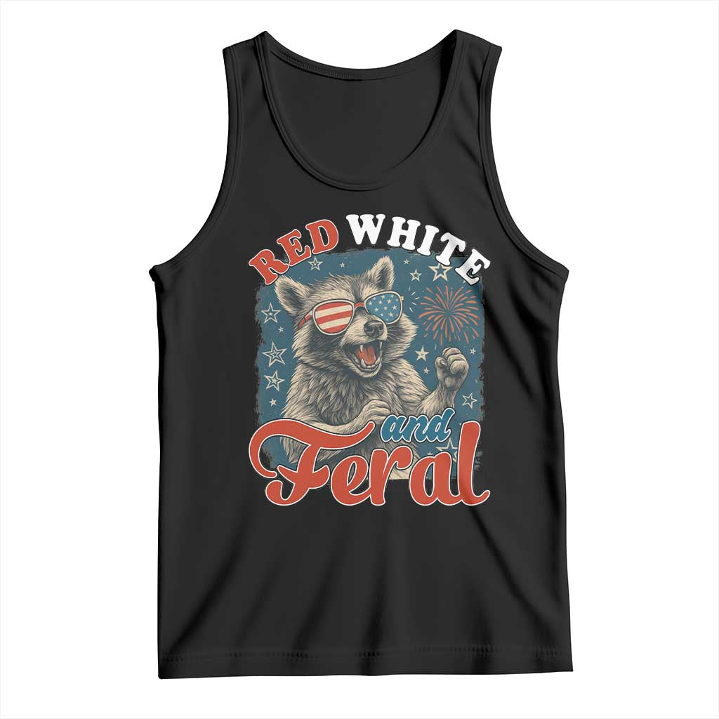 Red White and Feral Raccoon Tank Top Funny Patriotic Fireworks Wild 4th of July Vibes TS02 Black Print Your Wear