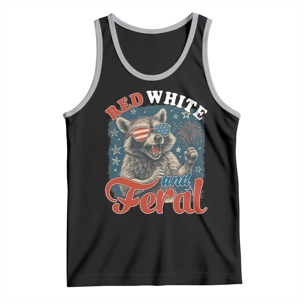 Red White and Feral Raccoon Tank Top Funny Patriotic Fireworks Wild 4th of July Vibes TS02 Black Athletic Heather Print Your Wear