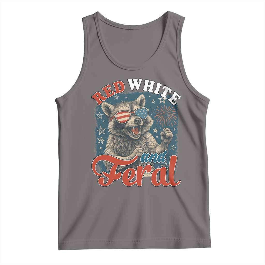 Red White and Feral Raccoon Tank Top Funny Patriotic Fireworks Wild 4th of July Vibes TS02 Deep Heather Print Your Wear