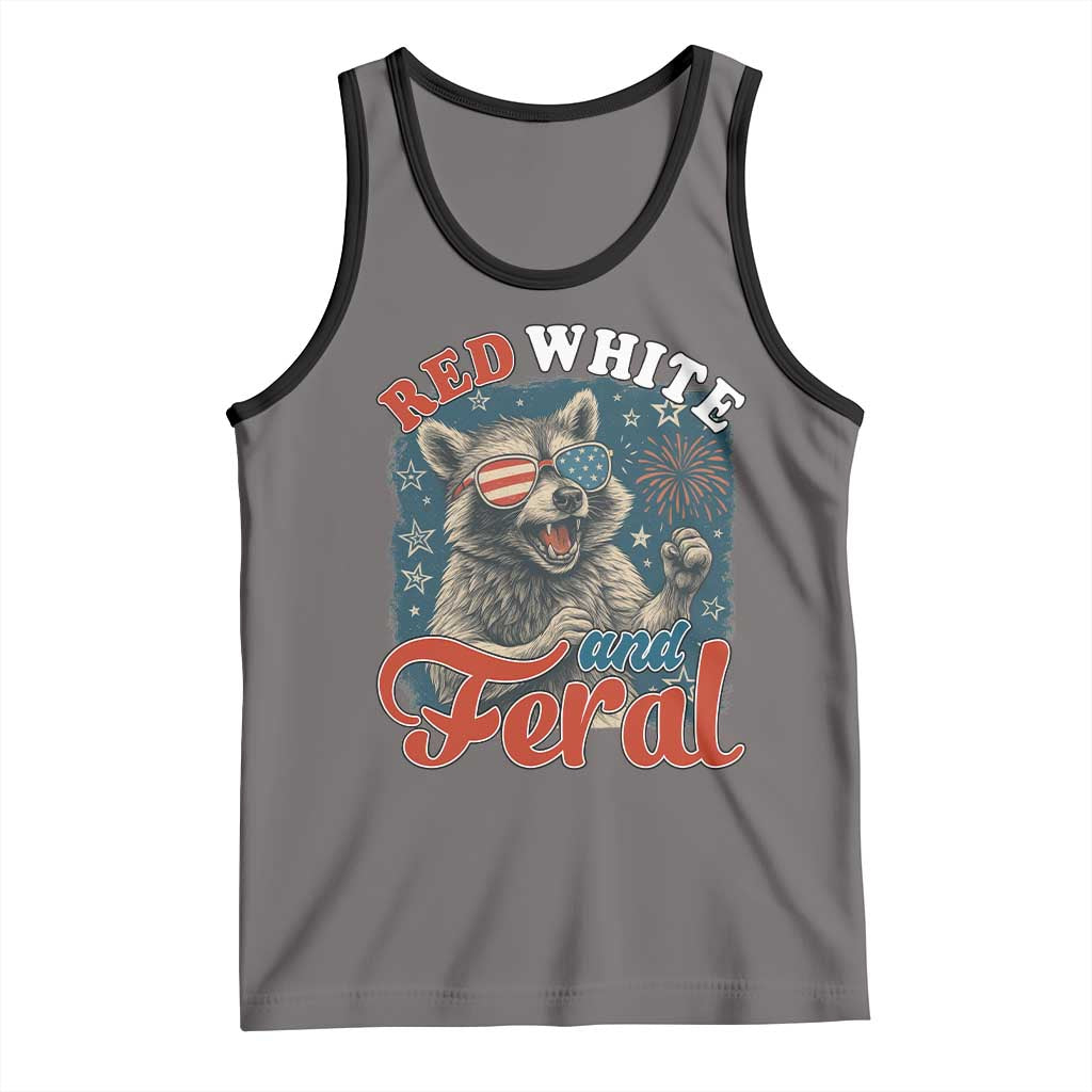Red White and Feral Raccoon Tank Top Funny Patriotic Fireworks Wild 4th of July Vibes TS02 Deep Heather Black Print Your Wear