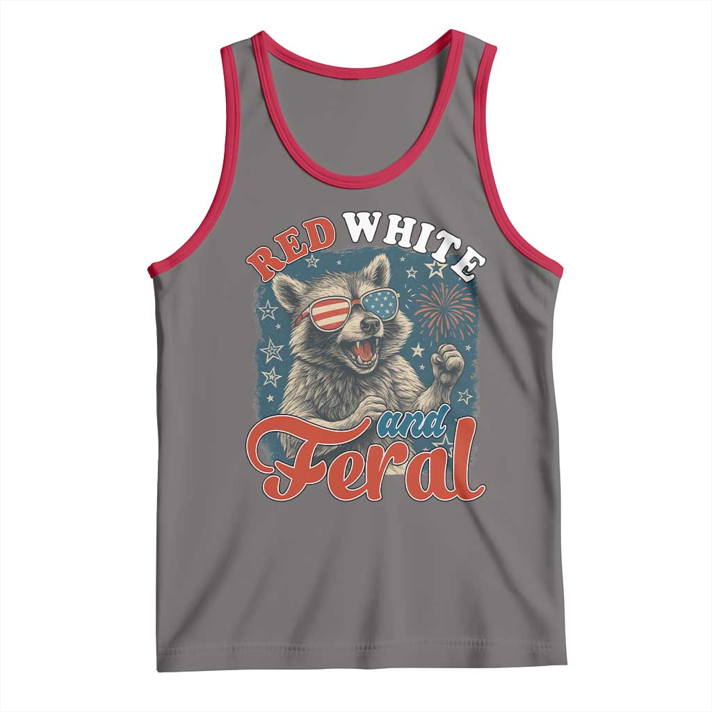 Red White and Feral Raccoon Tank Top Funny Patriotic Fireworks Wild 4th of July Vibes TS02 Deep Heather Red Print Your Wear