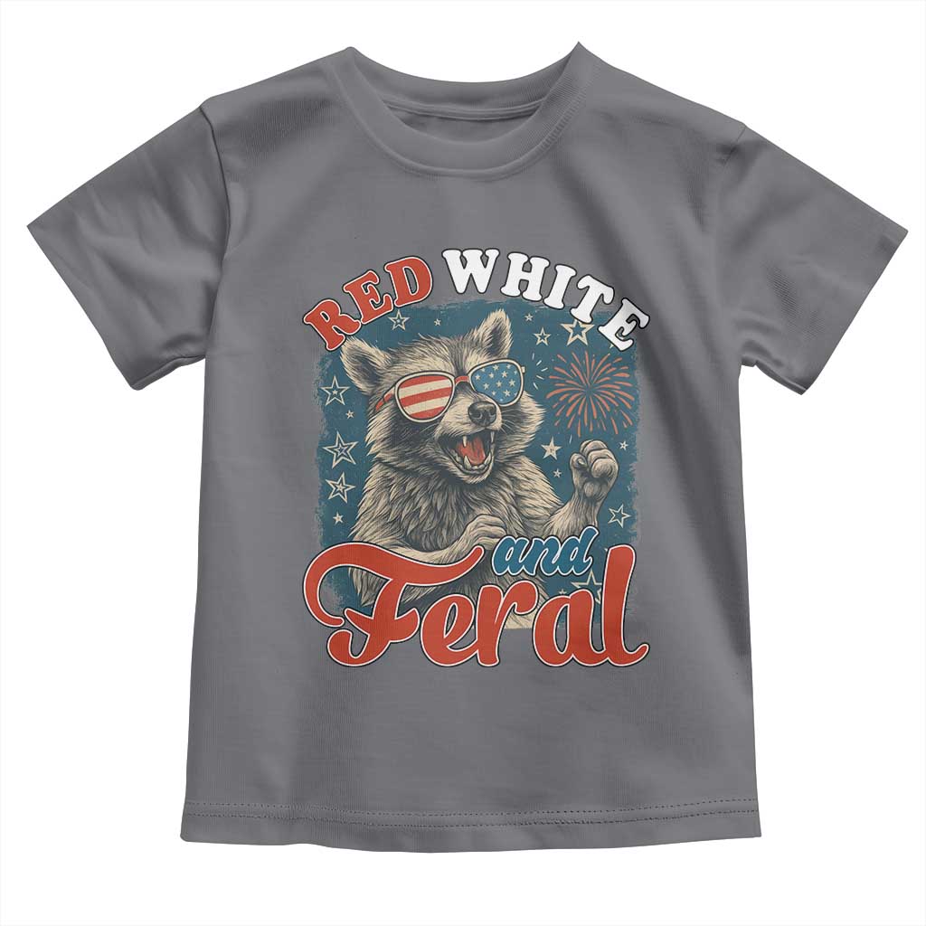 Red White and Feral Raccoon Toddler T Shirt Funny Patriotic Fireworks Wild 4th of July Vibes TS02 Charcoal Print Your Wear