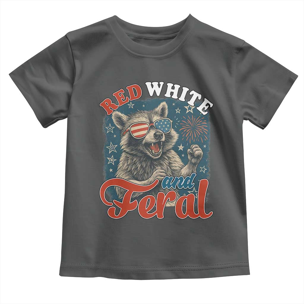Red White and Feral Raccoon Toddler T Shirt Funny Patriotic Fireworks Wild 4th of July Vibes TS02 Dark Heather Print Your Wear