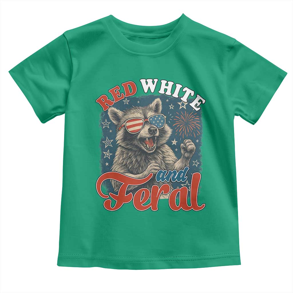 Red White and Feral Raccoon Toddler T Shirt Funny Patriotic Fireworks Wild 4th of July Vibes TS02 Irish Green Print Your Wear
