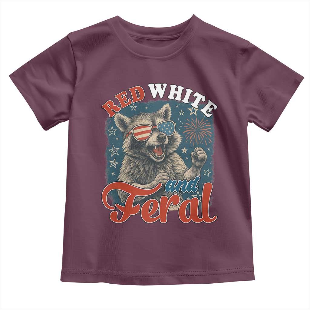 Red White and Feral Raccoon Toddler T Shirt Funny Patriotic Fireworks Wild 4th of July Vibes TS02 Maroon Print Your Wear
