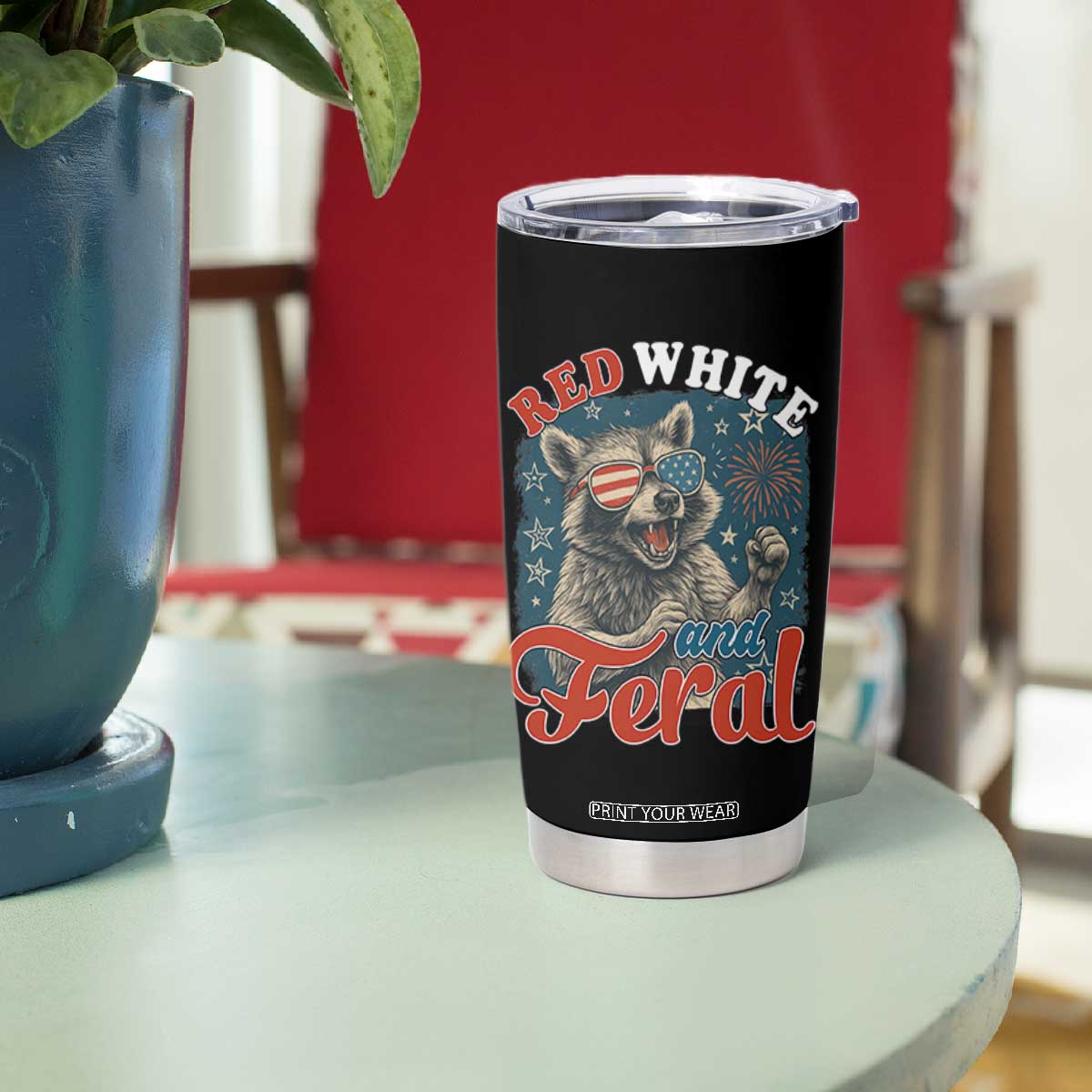 Red White and Feral Raccoon Tumbler Cup Funny Patriotic Fireworks Wild 4th of July Vibes TS02 Print Your Wear