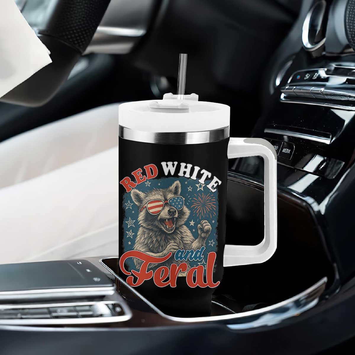 Red White and Feral Raccoon Tumbler With Handle Funny Patriotic Fireworks Wild 4th of July Vibes TS02 Print Your Wear