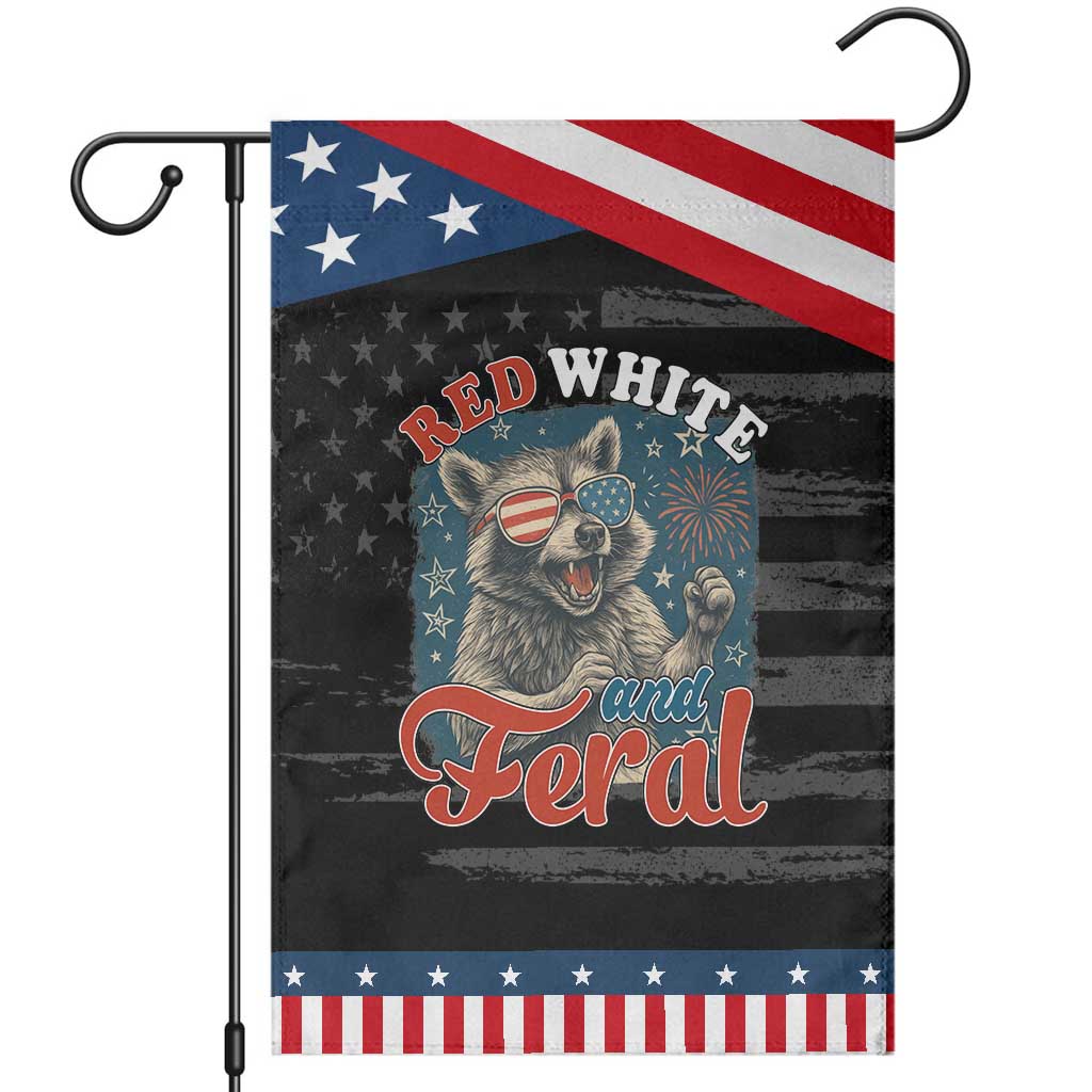 Red White and Feral Raccoon Garden Flag Funny Patriotic Fireworks Wild 4th of July Vibes TS02 Distressed Black Blue Print Your Wear