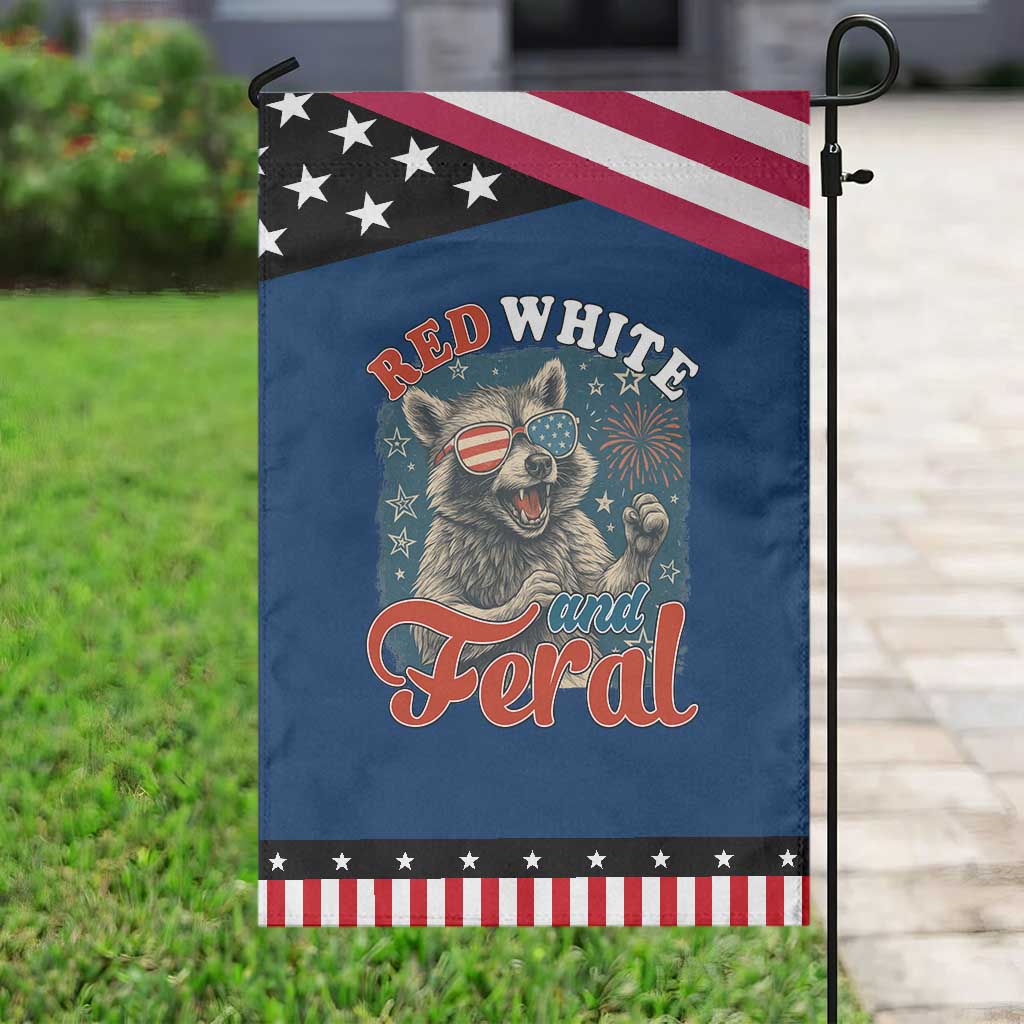 Red White and Feral Raccoon Garden Flag Funny Patriotic Fireworks Wild 4th of July Vibes TS02 Classic Blue Black Print Your Wear