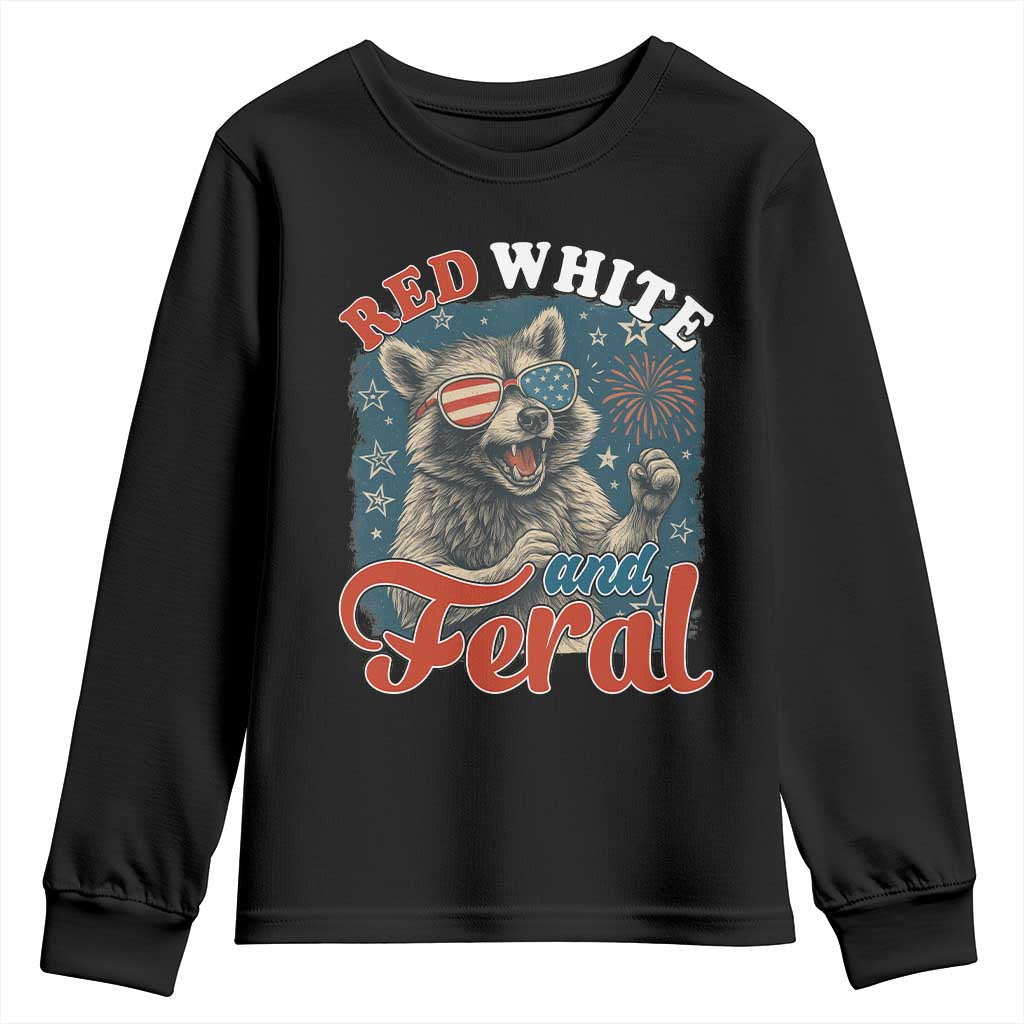 Red White and Feral Raccoon Youth Sweatshirt Funny Patriotic Fireworks Wild 4th of July Vibes TS02 Black Print Your Wear