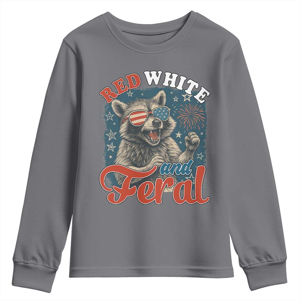 Red White and Feral Raccoon Youth Sweatshirt Funny Patriotic Fireworks Wild 4th of July Vibes TS02 Charcoal Print Your Wear