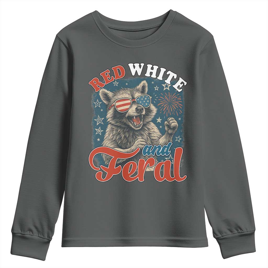 Red White and Feral Raccoon Youth Sweatshirt Funny Patriotic Fireworks Wild 4th of July Vibes TS02 Dark Heather Print Your Wear