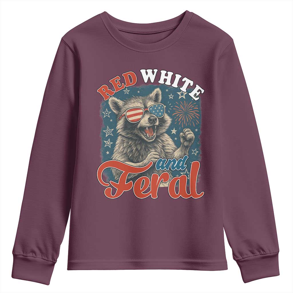 Red White and Feral Raccoon Youth Sweatshirt Funny Patriotic Fireworks Wild 4th of July Vibes TS02 Maroon Print Your Wear