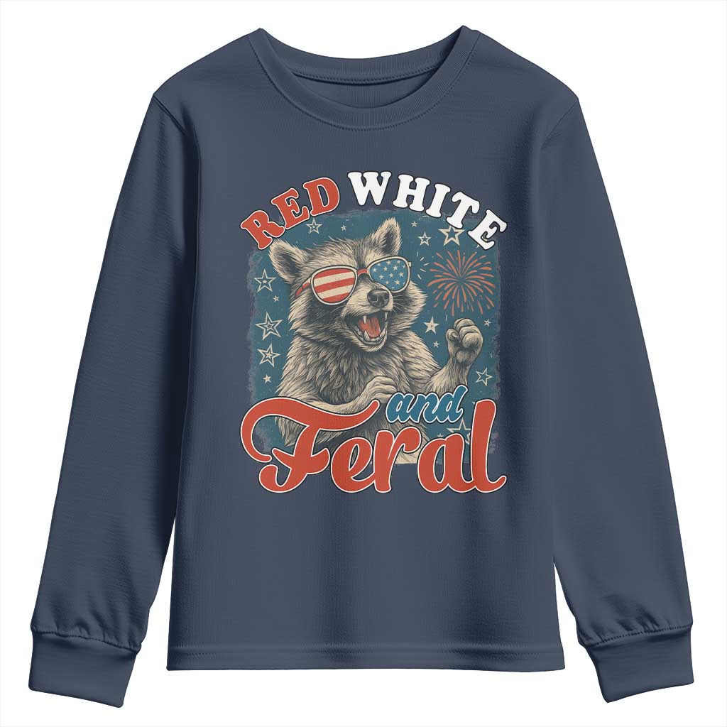 Red White and Feral Raccoon Youth Sweatshirt Funny Patriotic Fireworks Wild 4th of July Vibes TS02 Navy Print Your Wear