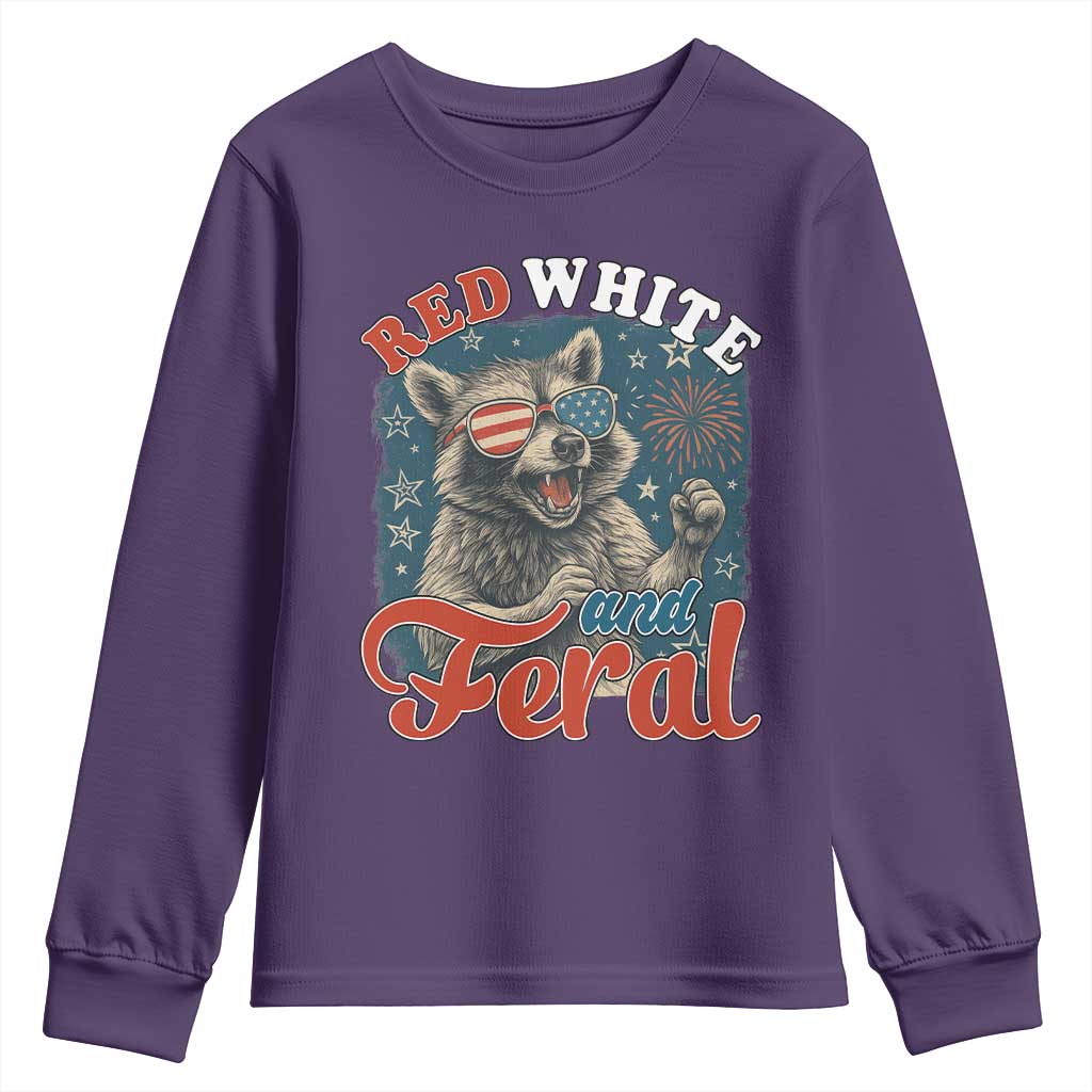 Red White and Feral Raccoon Youth Sweatshirt Funny Patriotic Fireworks Wild 4th of July Vibes TS02 Purple Print Your Wear