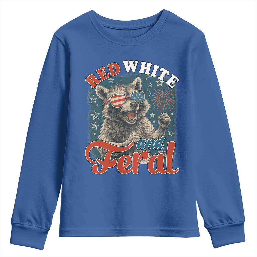Red White and Feral Raccoon Youth Sweatshirt Funny Patriotic Fireworks Wild 4th of July Vibes TS02 Royal Blue Print Your Wear