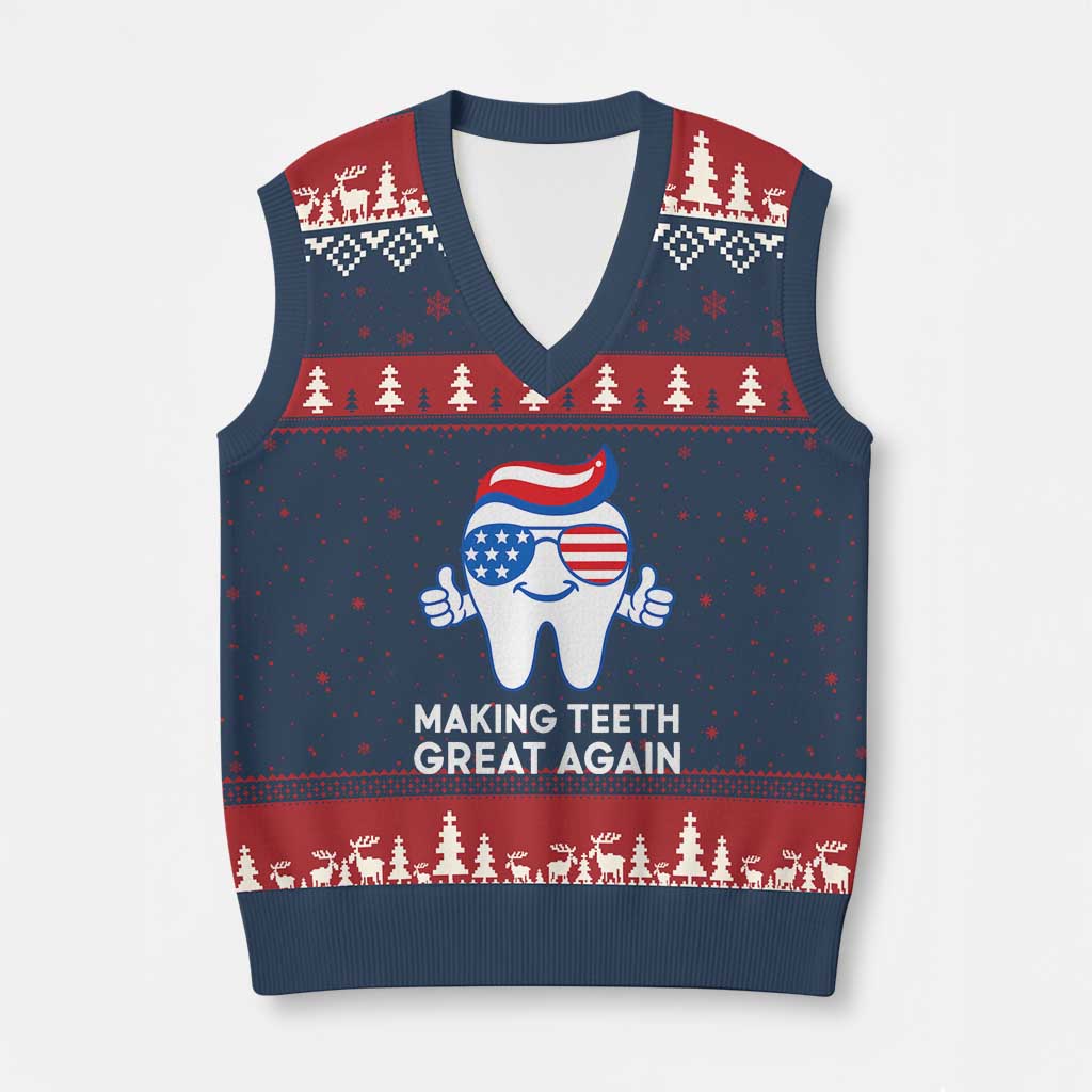 Funny Patriotic Dentist V-Neck Knit Sweater Vest Making Teeth Great Again America Oral Health Toothpaste Hair TS02 Navy Red Print Your Wear