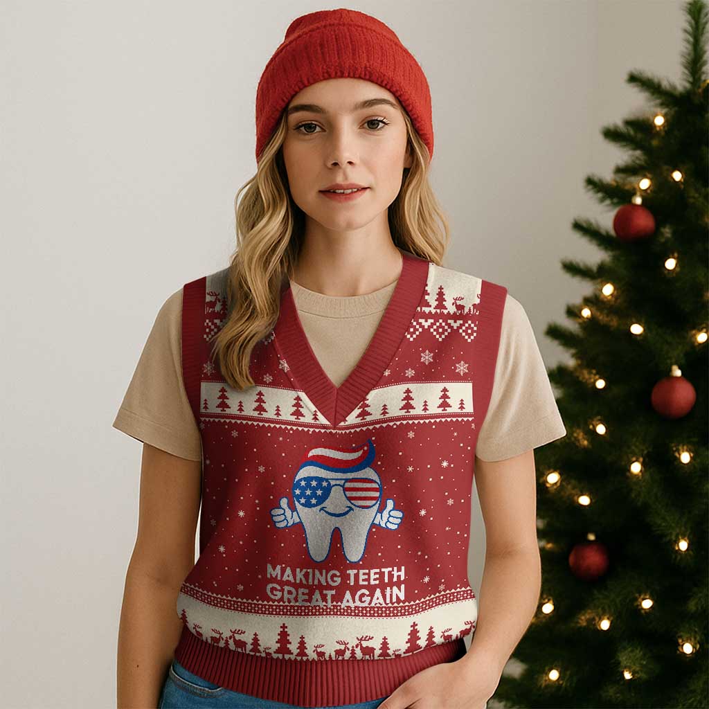 Funny Patriotic Dentist V-Neck Knit Sweater Vest Making Teeth Great Again America Oral Health Toothpaste Hair TS02 Red Beige Print Your Wear