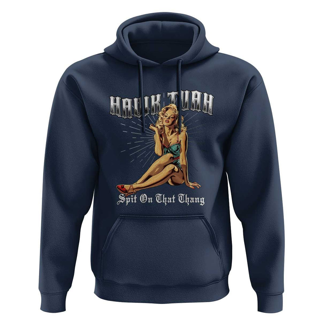 Funny Pin-Up Girl Hoodie Hawk Tuah Spit On That Thang TS02 Navy Print Your Wear