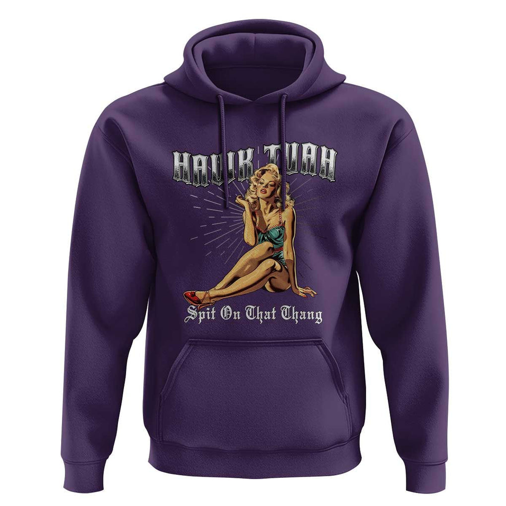 Funny Pin-Up Girl Hoodie Hawk Tuah Spit On That Thang TS02 Purple Print Your Wear