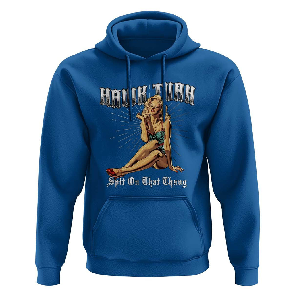 Funny Pin-Up Girl Hoodie Hawk Tuah Spit On That Thang TS02 Royal Blue Print Your Wear