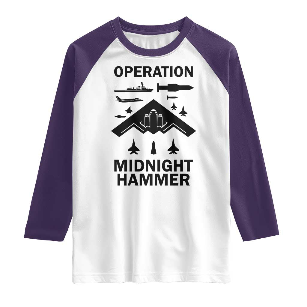 Operation Midnight Hammer Military Raglan Shirt Tactical Warfare Jets Bombers TS02 White Purple Print Your Wear