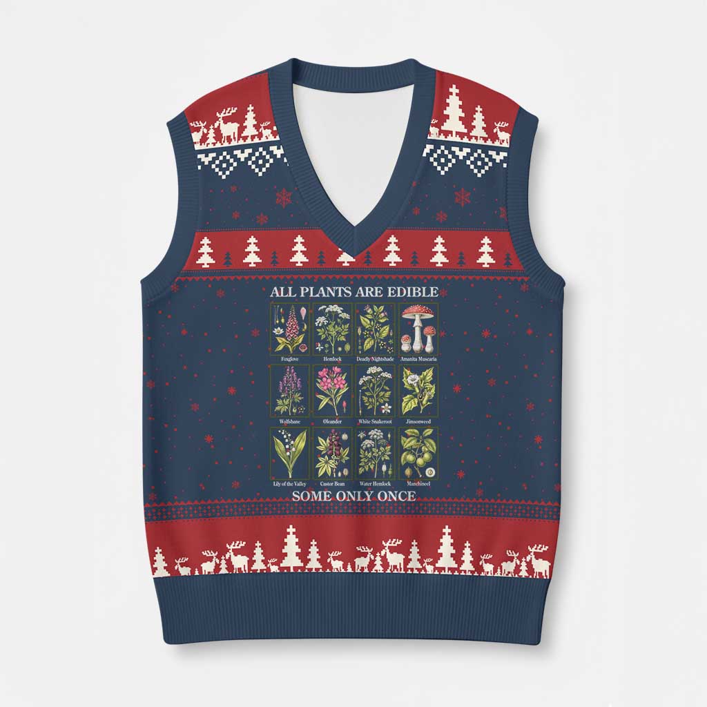 Vintage Botanical Poison Chart Graphic V-Neck Knit Sweater Vest All Plants Are Edible Some Only Once TS02 Navy Red Print Your Wear