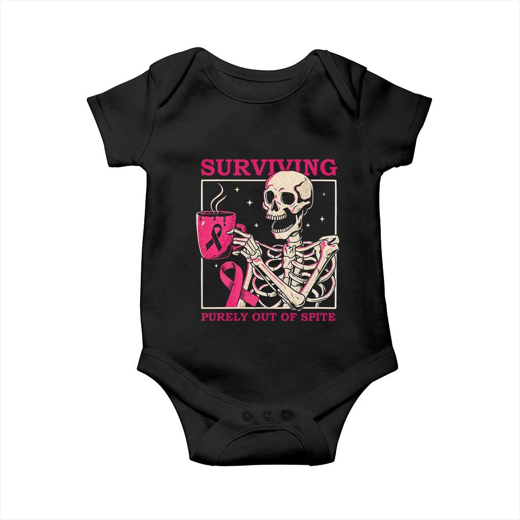 Funny Breast Cancer Skeleton Drinking Coffee Baby Onesie Surviving Purely Out Of Spite Pink Ribbon Warrior TS02 Black Print Your Wear