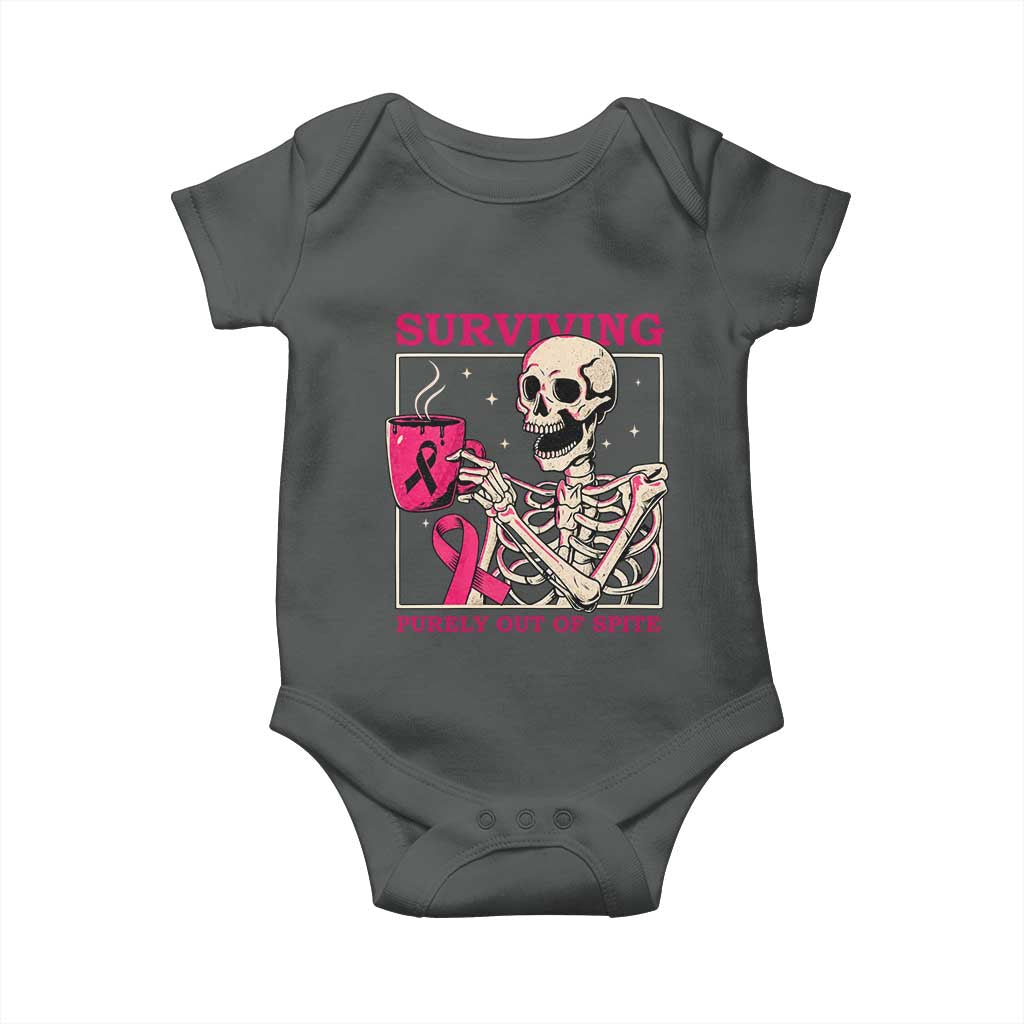 Funny Breast Cancer Skeleton Drinking Coffee Baby Onesie Surviving Purely Out Of Spite Pink Ribbon Warrior