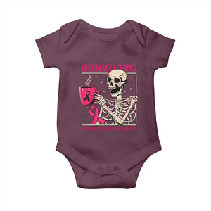 Funny Breast Cancer Skeleton Drinking Coffee Baby Onesie Surviving Purely Out Of Spite Pink Ribbon Warrior