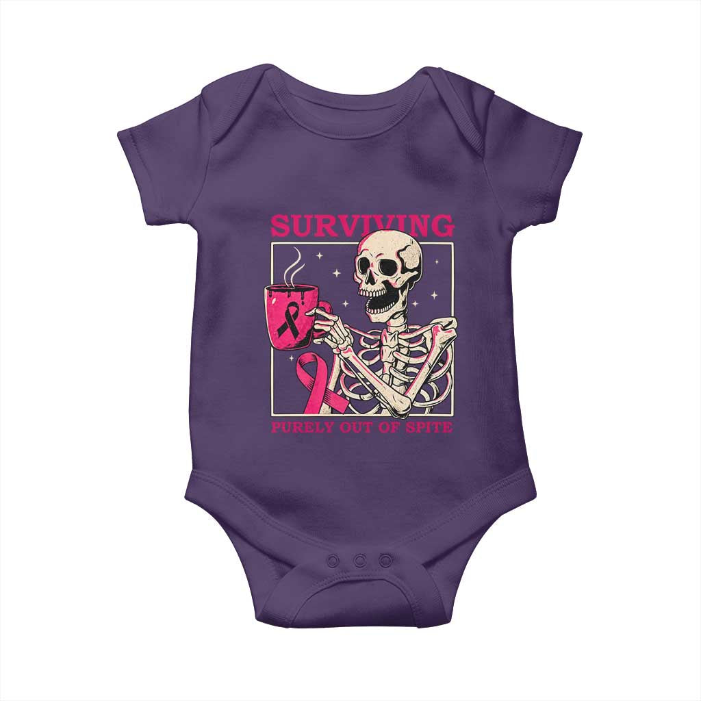 Funny Breast Cancer Skeleton Drinking Coffee Baby Onesie Surviving Purely Out Of Spite Pink Ribbon Warrior
