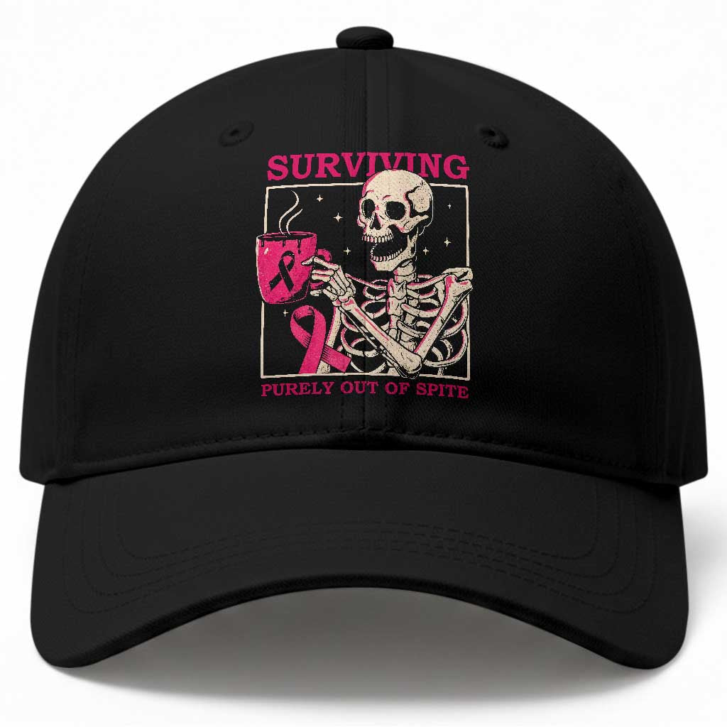 Funny Breast Cancer Skeleton Drinking Coffee Baseball Cap Surviving Purely Out Of Spite Pink Ribbon Warrior TS02 Print Your Wear